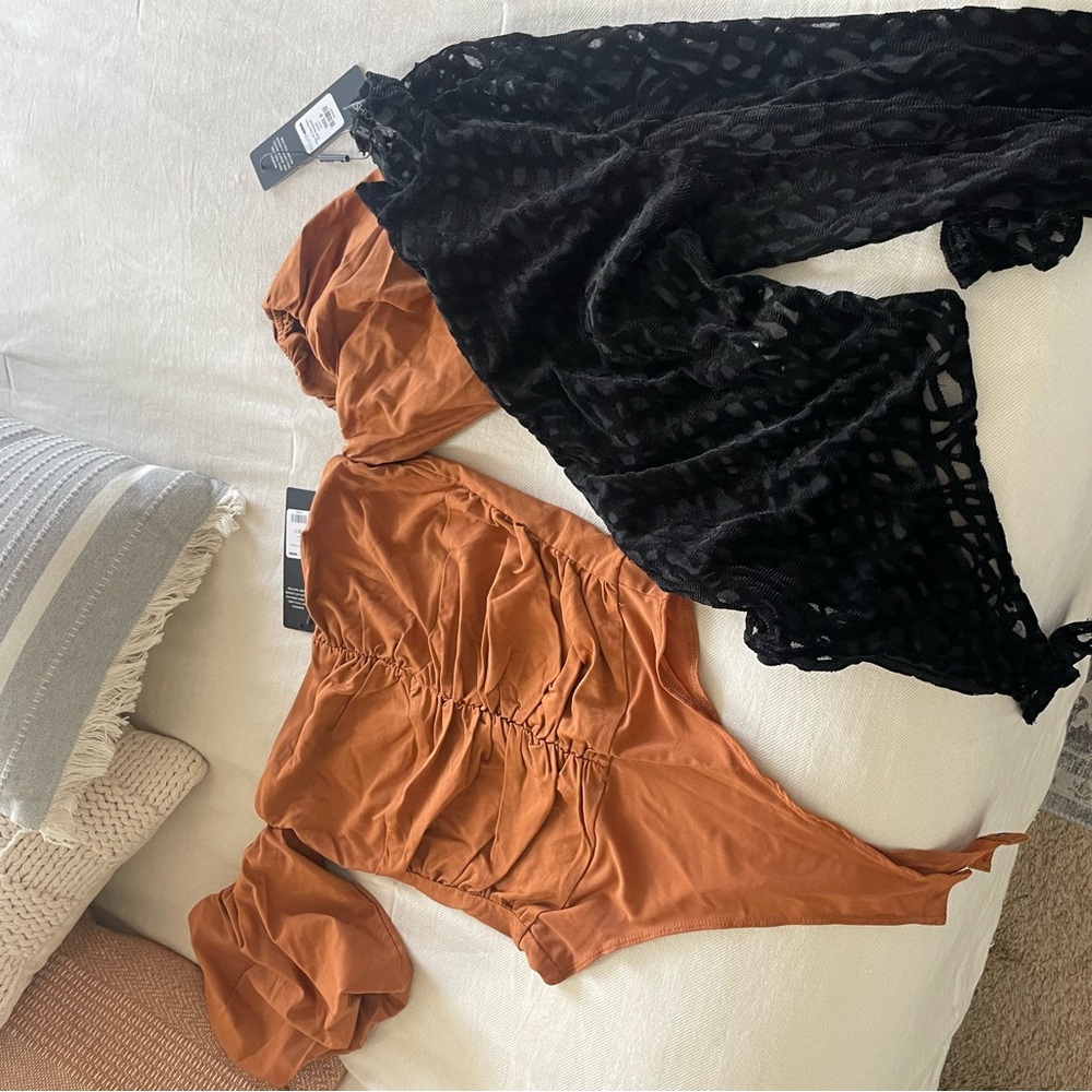 Two Fashion Nova bodysuit set. Black bodysuit and burnt orange bodysuit. NWT